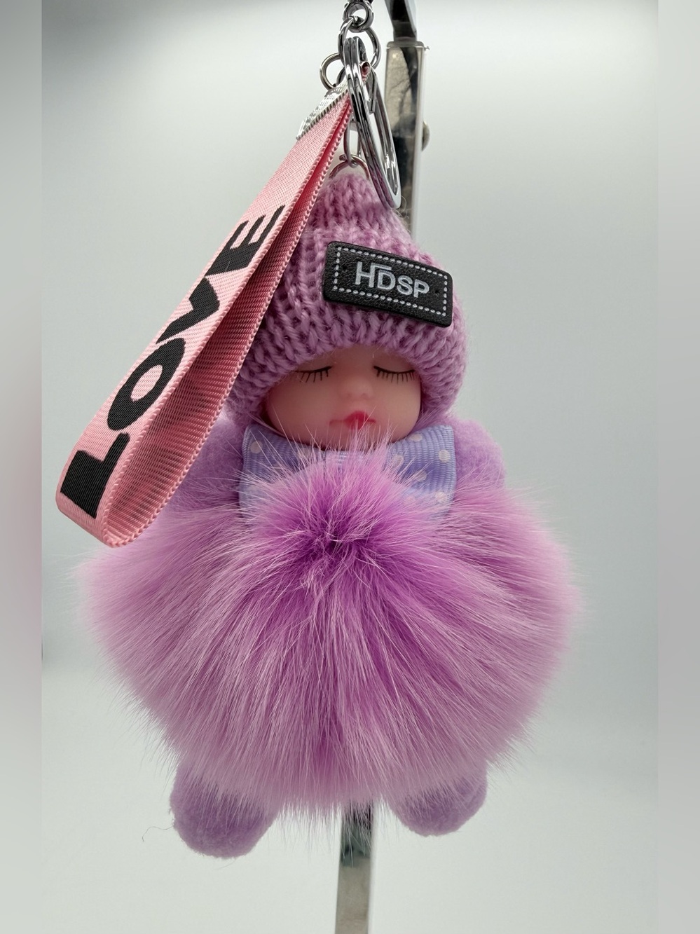 HDSP Sleeping Baby Doll Pom Pom Keychain Bag Charm Purple Fluffy Cute Gift